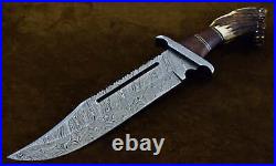 Large Bowie Hunting Knife with Deer Stag Antler Bowie Knife with Leather Sheath