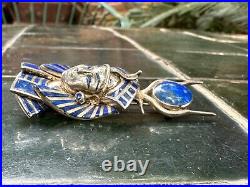 Large Egyptian Silver & Lapis Tutankhamun Pharaoh with Sun Disk and Horn Brooch