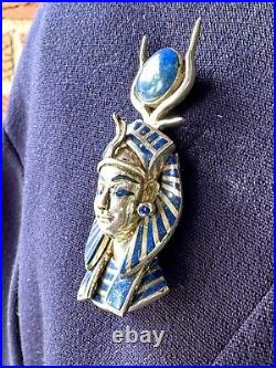 Large Egyptian Silver & Lapis Tutankhamun Pharaoh with Sun Disk and Horn Brooch
