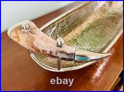 Large Hammered Nickel Decorative Centerpiece Bowl with Resin Horn Handles