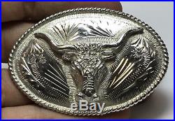 Large Sterling Silver Belt Buckle Texan Bull With Horns Texas Chicago 50 Grams