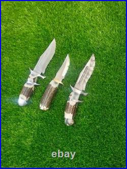 Lot of 3 Handmade Knife with Deer Horn Handle Damascus and stainless steel