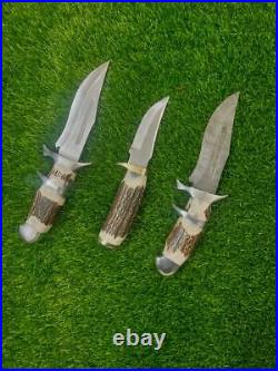Lot of 3 Handmade Knife with Deer Horn Handle Damascus and stainless steel