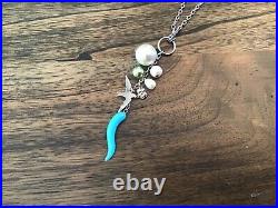 Lucky Brand Silver Tone Necklace with Bird-Turquoise Color Italian Horn-Pearls