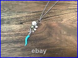 Lucky Brand Silver Tone Necklace with Bird-Turquoise Color Italian Horn-Pearls