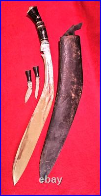 MASSIVE Vintage Kukri Knife Set with Sheath | horn with silver