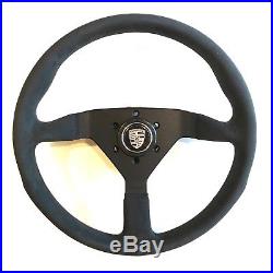 MOMO Monte Carlos Black Alcantara Steering Wheel with Silver Porsche Horn Button