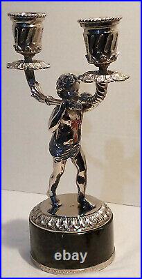 Maitland Smith Silver-Toned Boy Playing Horn Candelabra with Marble Base