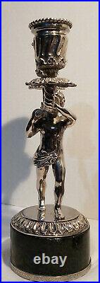 Maitland Smith Silver-Toned Boy Playing Horn Candelabra with Marble Base