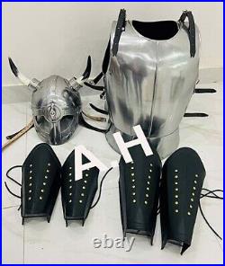 Medieval Armor Viking Horn Helmet with Armor Jacket with Leather Guard Silver