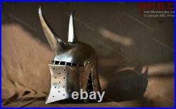 Medieval Frog Mouth Helmet with metal Horns suitable for LARP Cosplay costume