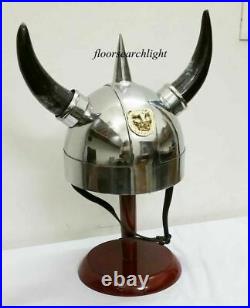 Medieval Handmade Viking Helmet Armor With Black Horns Greek With Wooden Stand