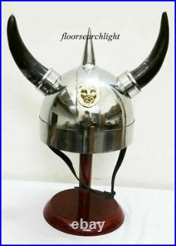 Medieval Handmade Viking Helmet Armor With Black Horns Greek With Wooden Stand