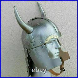 Medieval Viking helmet 18 gauge Steel Knight Fantasy with brass Shield & Horn