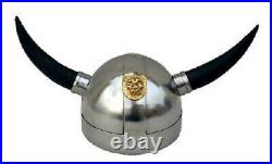 Medieval greek knight viking chrome helmet with horn collectible with stand gift