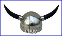 Medieval greek knight viking chrome helmet with horn collectible with stand gift