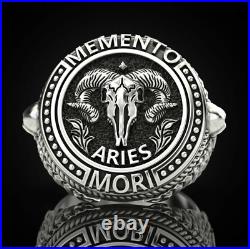 Memento Mori Skull Zodiac Aries sign horned leaves 925 Silver Men's Biker Ring