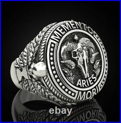Memento Mori Skull Zodiac Aries sign horned leaves 925 Silver Men's Biker Ring