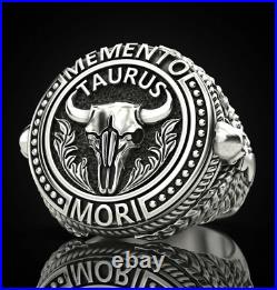 Memento Mori Skull Zodiac horned Tauras bull sign 925 Silver Men's Biker Ring