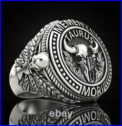 Memento Mori Skull Zodiac horned Tauras bull sign 925 Silver Men's Biker Ring