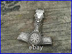 Men's 14K White Gold Over Hammer of Thor Oxidized With Odin's Horn Pendant
