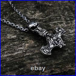 Men's 14K White Gold Over Hammer of Thor Oxidized With Odin's Horn Pendant