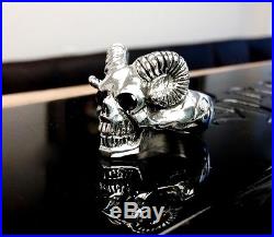Men's Custom Silver Skull Black Diamond Ring With Ram Horns By Sacred Angels