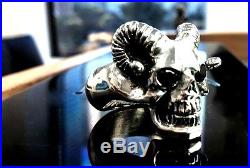 Men's Custom Silver Skull Black Diamond Ring With Ram Horns By Sacred Angels