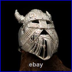 Mirror Polished Men's Ring Viking Warrior Mask with Horns Sterling Silver