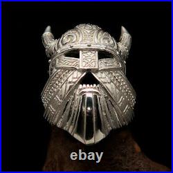 Mirror Polished Men's Ring Viking Warrior Mask with Horns Sterling Silver