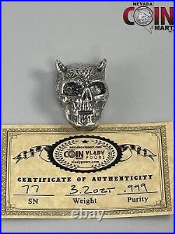 NEVADA COIN MART. 999 SILVER POURED ART PIECE 3.2 OZT SKULL WITH HORNS #ds705