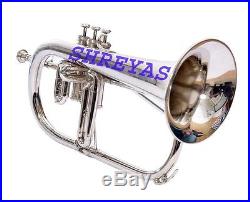 NEW FLUGLE HORN 3 VALVE Bb PITCH NICKLE SILVER WITH FREE HARD CASE & MOUTHPIECE