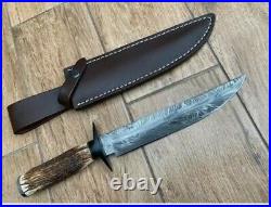 New Custom Made Damascus Steel Hunting Bowie knife with Leather Sheath