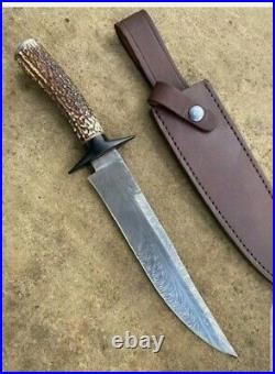 New Custom Made Damascus Steel Hunting Bowie knife with Leather Sheath