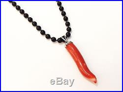 New Italian Natural Salmon Coral Horn with 925 Sterling Silver Pendant