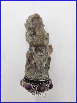 New Keris / Kris Handle with Ganesha Motif from White Buffalo Horn, Silver, Ruby