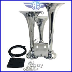 New Triple Trumpet Chrome Air Horn With 150 PSI 3 Liter 12V Air Compressor