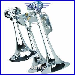 New Triple Trumpet Chrome Air Horn With 150 PSI 3 Liter 12V Air Compressor