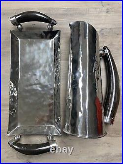 Nickel Hammered silver pitcher And Tray with Buffalo Horn handles El Boyero