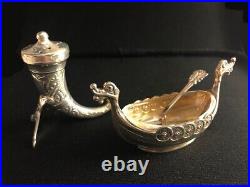Norwegian Silver Viking Horn Pepper Shaker & Salt Boat with Spoon