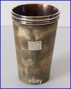 OH YES! Antique English Stag Horn Hunt Cup with Silver Banding & Monogram Plate