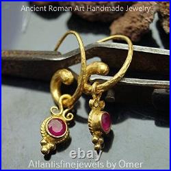 Omer Hammered Roman Horn Earrings With Red Ruby Charms 24k Gold Over 925 Silver