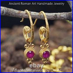 Omer Hammered Roman Horn Earrings With Red Ruby Charms 24k Gold Over 925 Silver