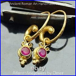 Omer Hammered Roman Horn Earrings With Red Ruby Charms 24k Gold Over 925 Silver