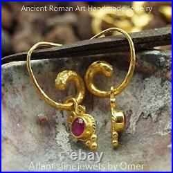 Omer Hammered Roman Horn Earrings With Red Ruby Charms 24k Gold Over 925 Silver