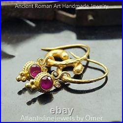 Omer Hammered Roman Horn Earrings With Red Ruby Charms 24k Gold Over 925 Silver