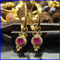 Omer Hammered Roman Horn Earrings With Red Ruby Charms 24k Gold Over 925 Silver