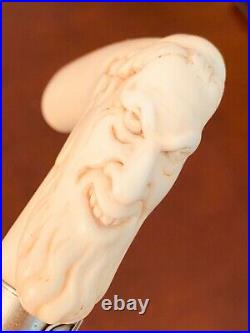 One Wicked Victorian Walking Cane, Hand Carved Devil With Horns, Silver Collar