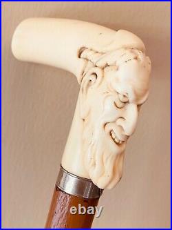 One Wicked Victorian Walking Cane, Hand Carved Devil With Horns, Silver Collar