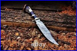 Original Bowie Knife Handmade Damascus Steel Bowie Hunting Knife with Crown Stag